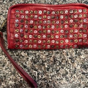 EUC Plantania Red Leather Wallet Wristlet with Studs Very Good Condition!